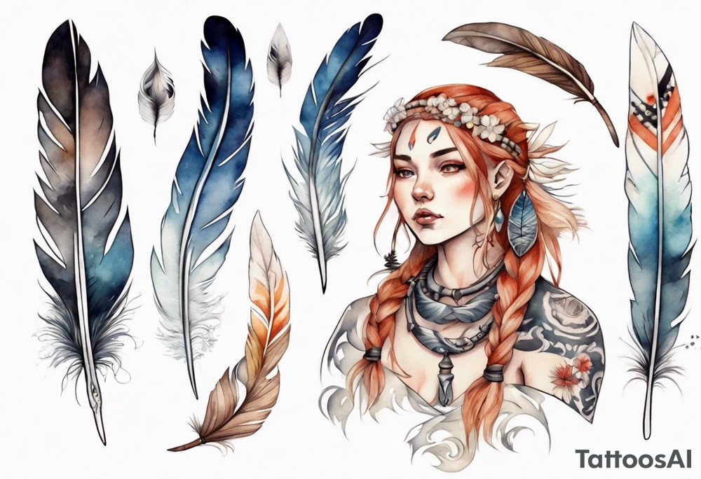 a full image Nordic woman with a single feather in her hair tattoo idea
