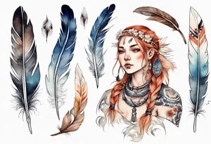 a full image Nordic woman with a single feather in her hair tattoo idea