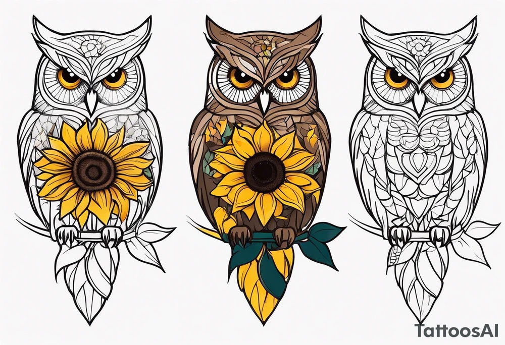 Owl with sunflowers leg sleeve tattoo idea