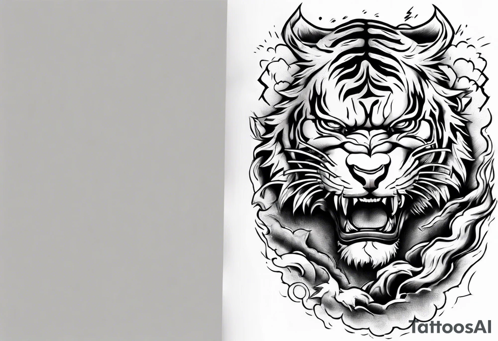 tiger warrior with lightning and the sun for a forearm sleeve tattoo idea