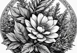 the flowers only of sage, sweetgrass, cedar and tobacco plants, enlarged so that they cap a shoulder and flow down the bicep, be realistic tattoo idea