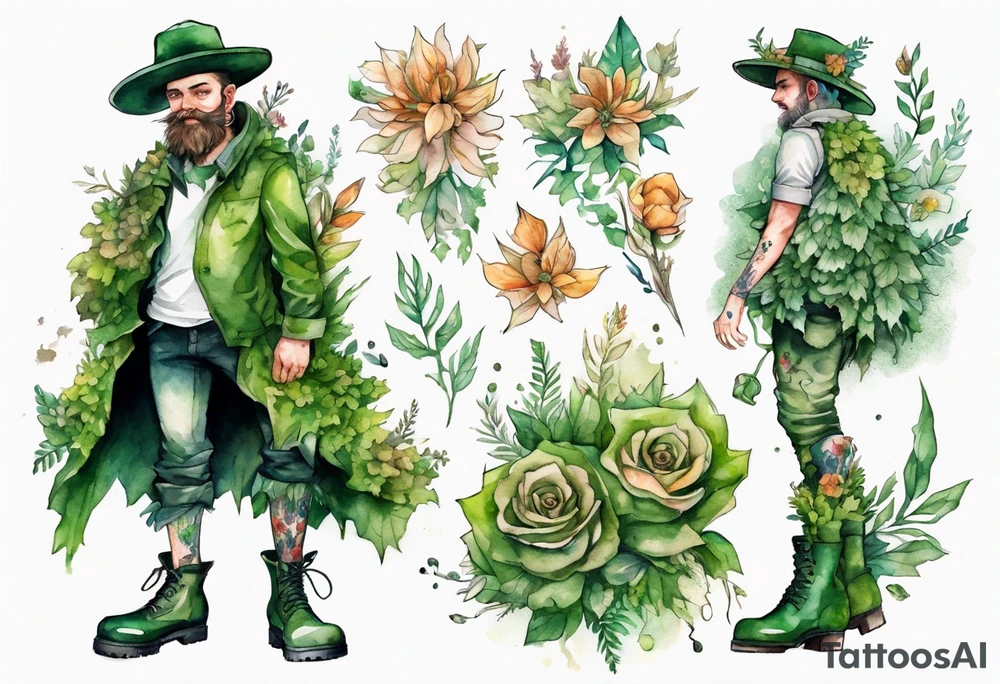 a man-flower hybrid s wearing a leafy skirt and boots covered in moss tattoo idea