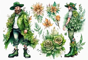 a man-flower hybrid s wearing a leafy skirt and boots covered in moss tattoo idea