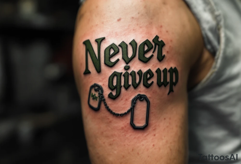 "Never give up" in military stencil font, in olive green with dog tags hanging from one letter. tattoo idea