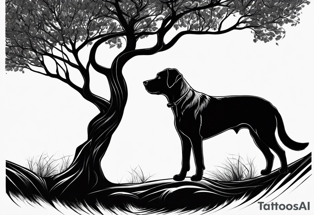 A tree bending to the rigt with a black silouhette of a lab under the bend. The dog is drawn to scale with the tree tattoo idea