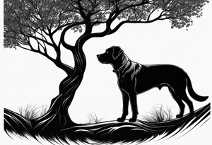 A tree bending to the rigt with a black silouhette of a lab under the bend. The dog is drawn to scale with the tree tattoo idea