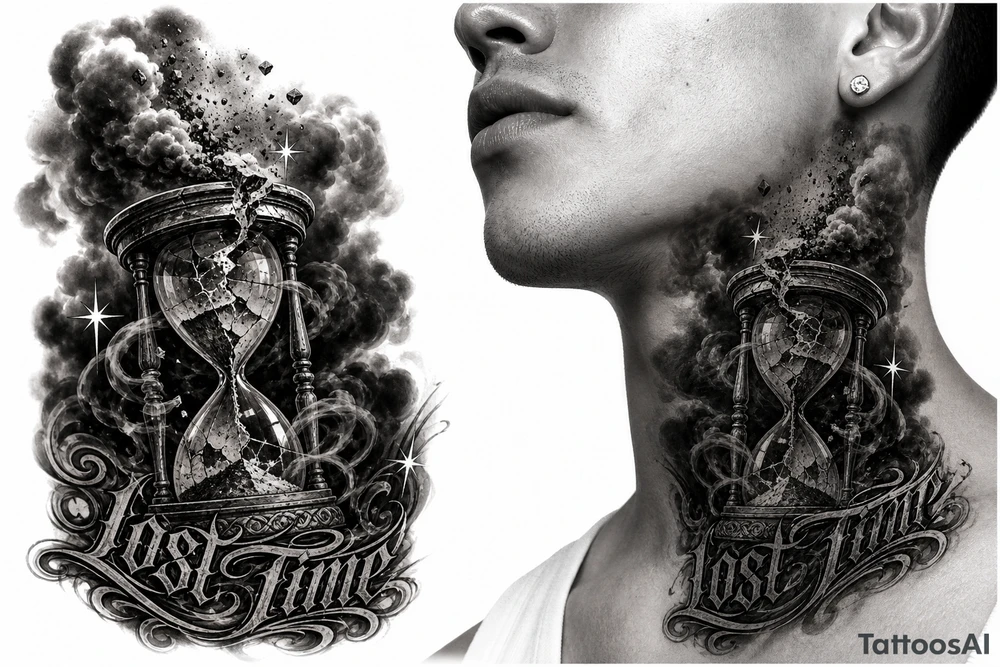 Black and grey realism tattoo design of a cracked, shattered hourglass centered in dark heavy clouds. Sand and dark smoke floating upward out of the glass. Custom gothic script lettering that says "Lost Time" wrapped around the base. Chicano style shading, deep blackwork background, sharp 4-point sparkle stars, high contrast, clean white background, tattoo stencil style. Put on the throat not the back of neck put “Lost Time” like on the side on neck but still connected tattoo idea