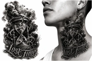 Black and grey realism tattoo design of a cracked, shattered hourglass centered in dark heavy clouds. Sand and dark smoke floating upward out of the glass. Custom gothic script lettering that says "Lost Time" wrapped around the base. Chicano style shading, deep blackwork background, sharp 4-point sparkle stars, high contrast, clean white background, tattoo stencil style. Put on the throat not the back of neck put “Lost Time” like on the side on neck but still connected tattoo idea