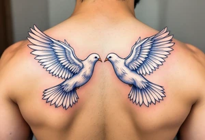 A pair of 3D doves with outstretched wings, their feathers detailed in soft whites and subtle blues, symbolizing peace and unity. tattoo idea