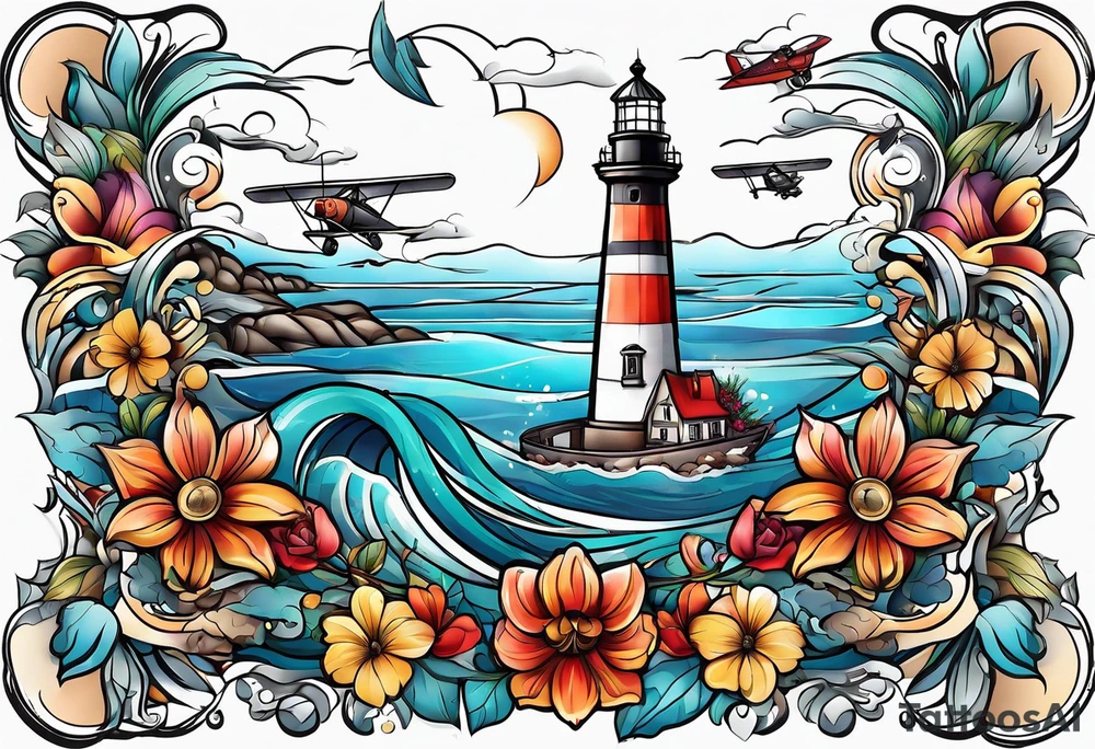 Fast car
Lighthouse 
Airplanes 
Flowers 
Ocean tattoo idea