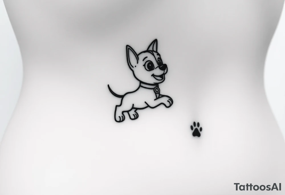 Walking away Paw Patrol member leaving a realistic textured paw print behind him. tattoo idea