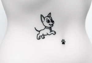 Walking away Paw Patrol member leaving a realistic textured paw print behind him. tattoo idea