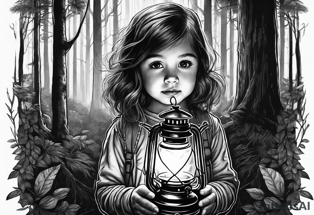 A small girl holding a lantern in a dark forest tattoo idea
