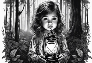 A small girl holding a lantern in a dark forest tattoo idea