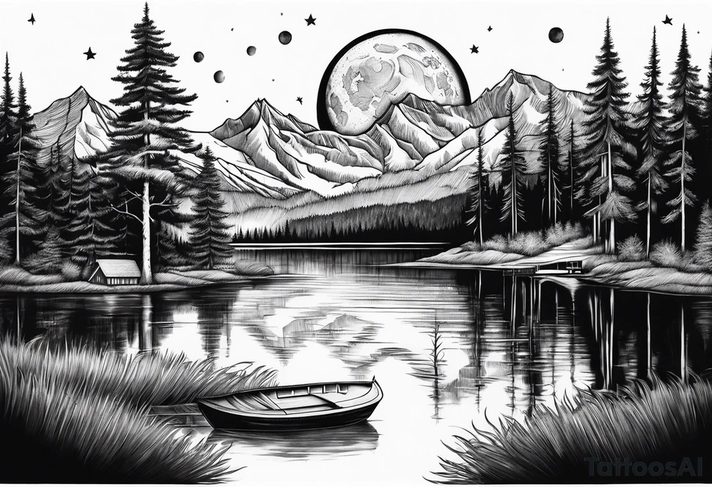 Picture of the moon, trees, lake, mountains and night sky tattoo idea