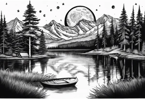Picture of the moon, trees, lake, mountains and night sky tattoo idea