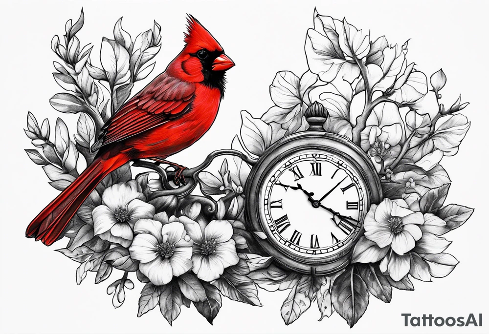 Trees, flowers, clock, red cardinal, representing growth from grief tattoo idea