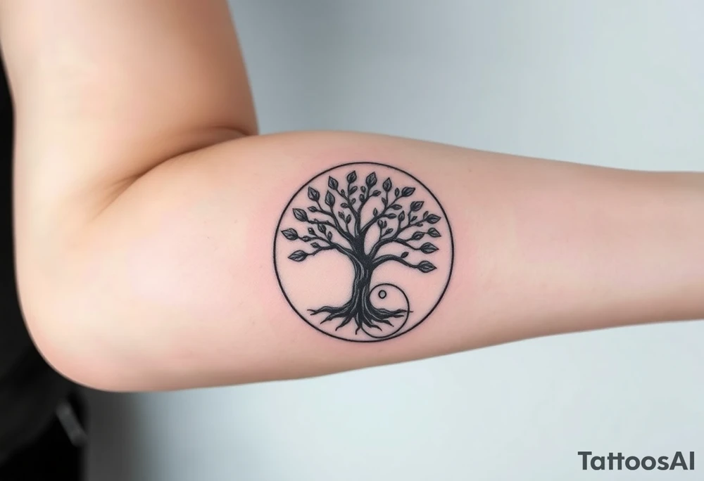 Tree with few leaves,  encircled in a spiral circle with a line starting from the center of the tree and spiraling outward, clockwise direction tattoo idea