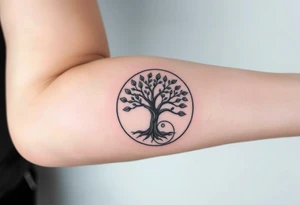 Tree with few leaves,  encircled in a spiral circle with a line starting from the center of the tree and spiraling outward, clockwise direction tattoo idea