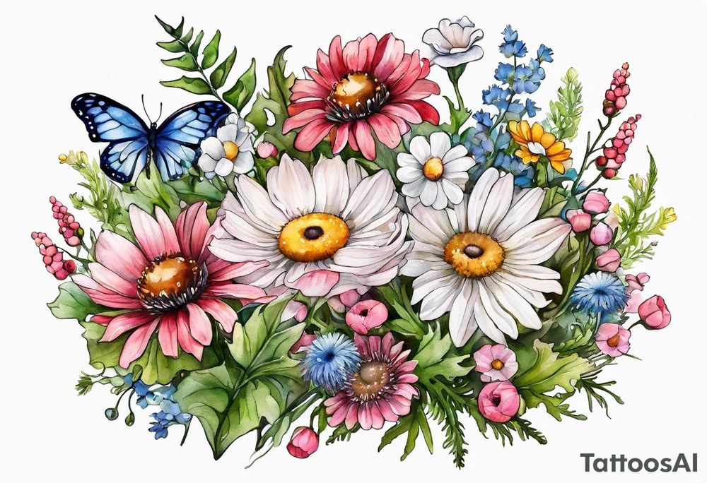 an oval of wildflowers cascading with thistles, ferns, white anemones, sun flowers, buttercups, pink flowers, red flowers, babys breath and daisies all in watercolor tattoo idea