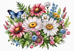 an oval of wildflowers cascading with thistles, ferns, white anemones, sun flowers, buttercups, pink flowers, red flowers, babys breath and daisies all in watercolor tattoo idea