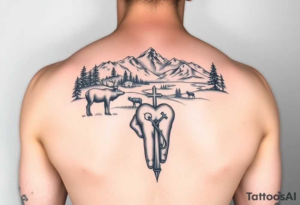 A armsleeve with the Härjedalen landscape, reindeer, bear, lakes, mountains (Helags), cross and Härjedalen's coat of arms on the hand tattoo idea