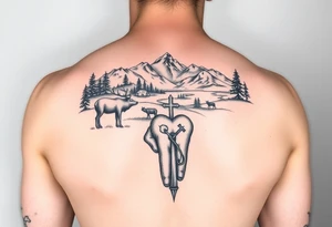 A armsleeve with the Härjedalen landscape, reindeer, bear, lakes, mountains (Helags), cross and Härjedalen's coat of arms on the hand tattoo idea