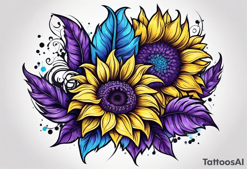 Purple, yellow and blue sunflowers with a cross tattoo idea