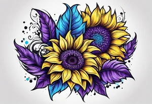 Purple, yellow and blue sunflowers with a cross tattoo idea