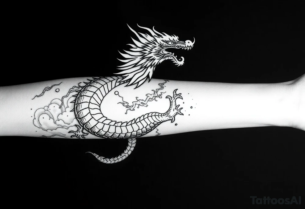 storm clouds and lightning mixed throughout, eastern dragon wrapping around the arm, tattoo idea