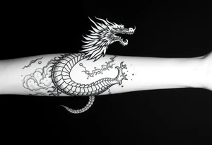 storm clouds and lightning mixed throughout, eastern dragon wrapping around the arm, tattoo idea