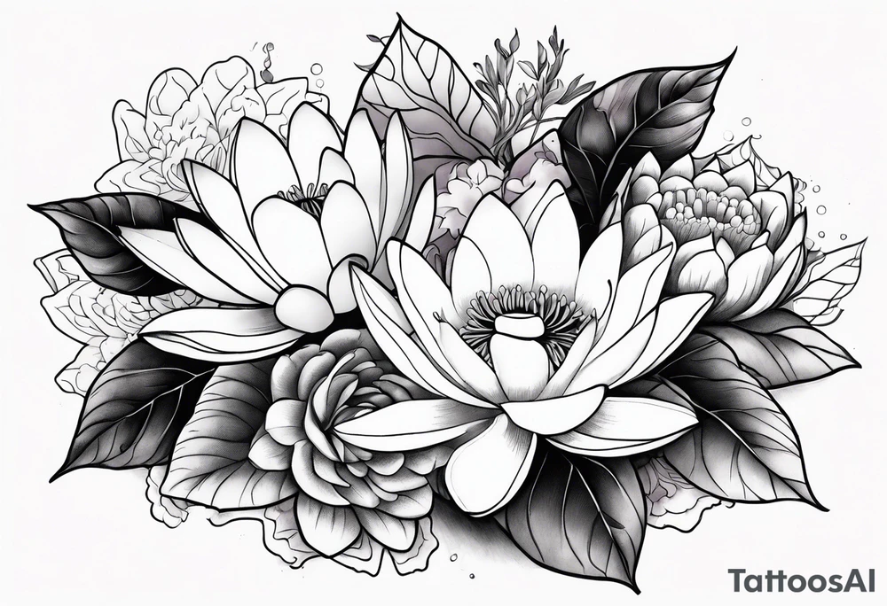 bouquet of violet, water lily, and holly tattoo idea