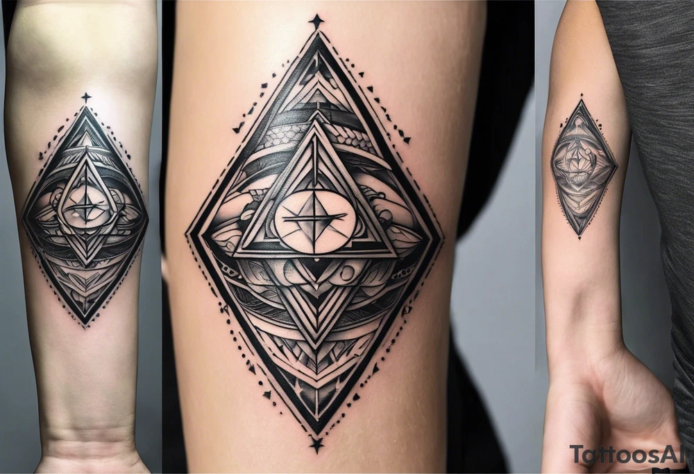 Fine line tattoo in the left forearm on the bottom side. The tattoo will have three shapes placed in a triangle formation. The top shape will be a either a plus sign or a heart that symbolizes health. The bottom left will have a compass rose or a shape symbol for purpose. The bottom right will have three circles placed in a triangle formation to symbolize family tattoo idea