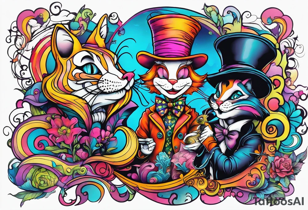 Alice in wonderland themed very colorful with mad hatter and Cheshire Cat psychedelic vibe tattoo idea