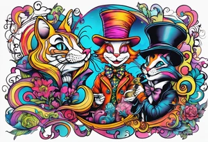 Alice in wonderland themed very colorful with mad hatter and Cheshire Cat psychedelic vibe tattoo idea