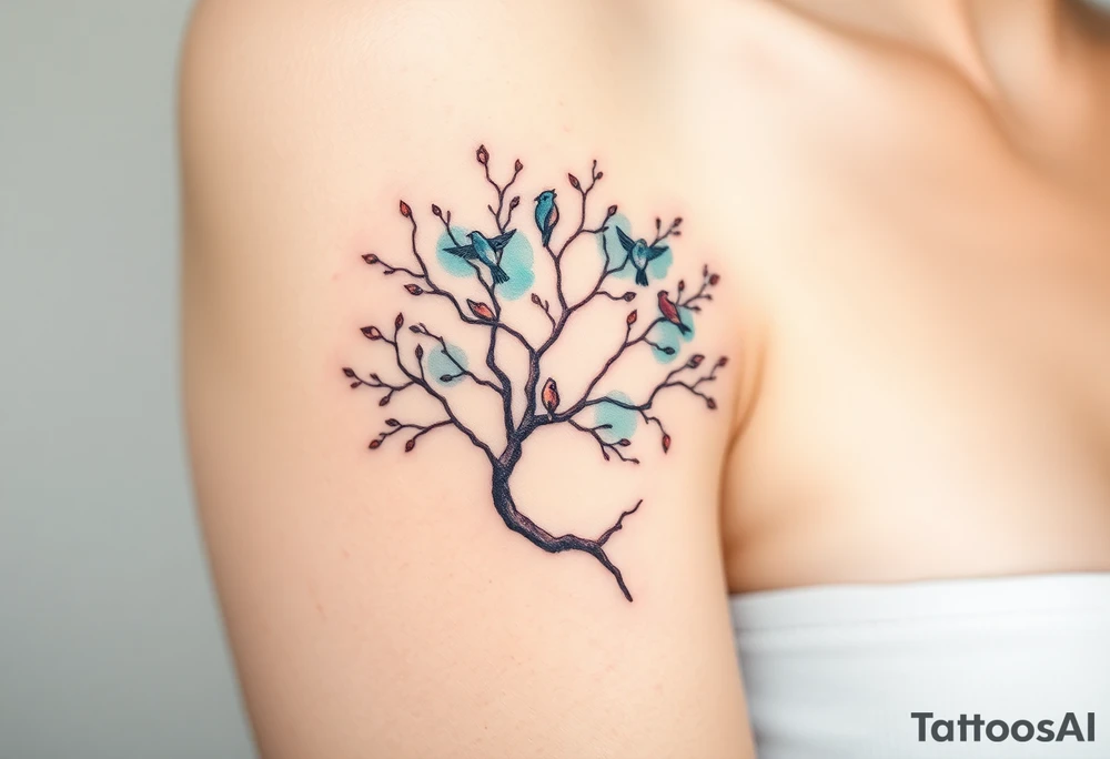 A delicate tree with tiny birds flying from its branches, representing the growth and independence of each family member tattoo idea