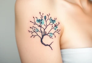 A delicate tree with tiny birds flying from its branches, representing the growth and independence of each family member tattoo idea