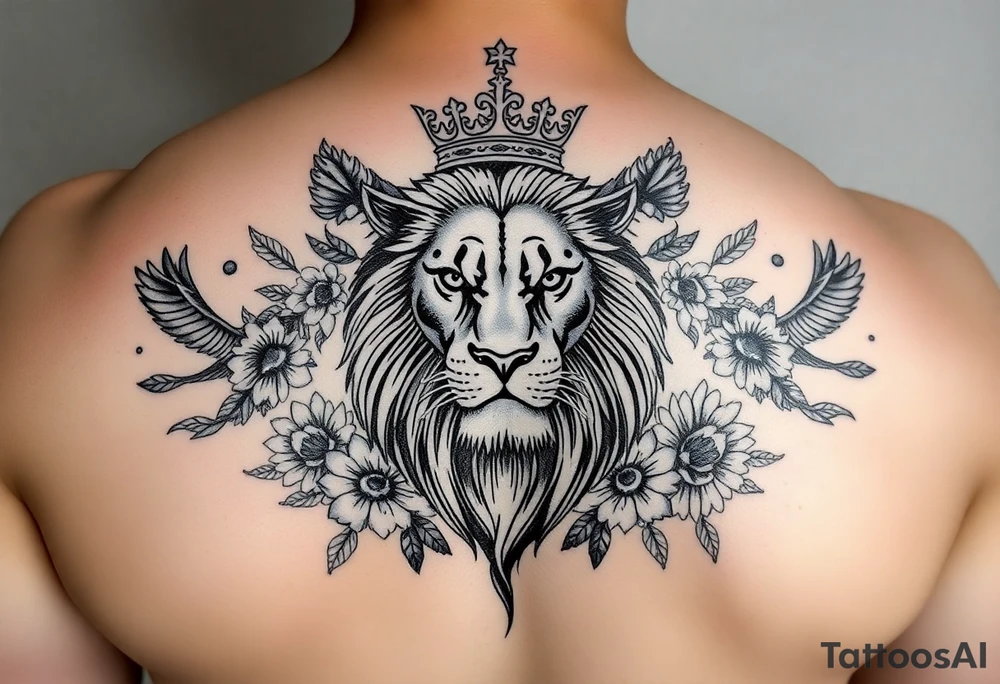 powerful majestic lion with a crown, surrounded by floral ornaments and birds tattoo idea