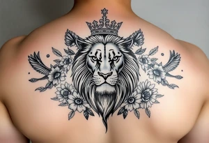 powerful majestic lion with a crown, surrounded by floral ornaments and birds tattoo idea