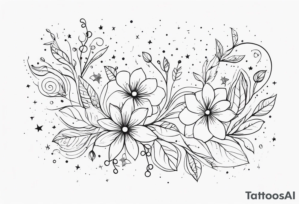 fine line floral with stars, swirls, dots tattoo idea