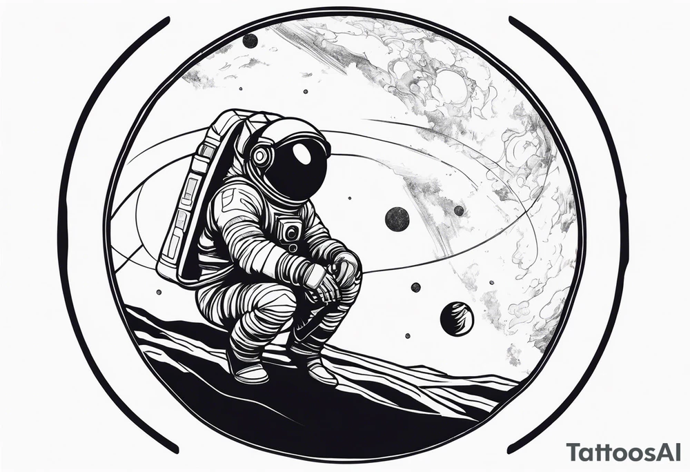 an astronaut hunched over in space from the back holding a planet in his hands tattoo idea