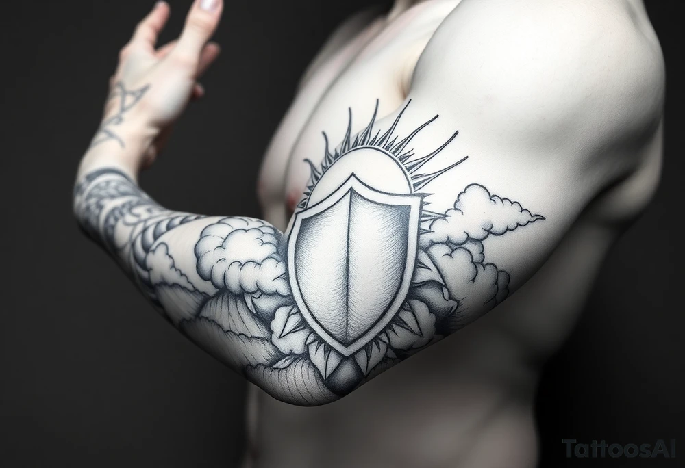 Half sleeve. sun rays, clouds, shield tattoo idea