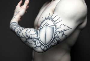 Half sleeve. sun rays, clouds, shield tattoo idea