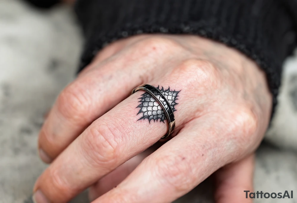 A black and silver finger band with a subtle dragon-scale texture tattoo idea