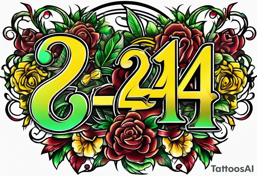 Number 24 with colors green, yellow, maroon and black tattoo idea