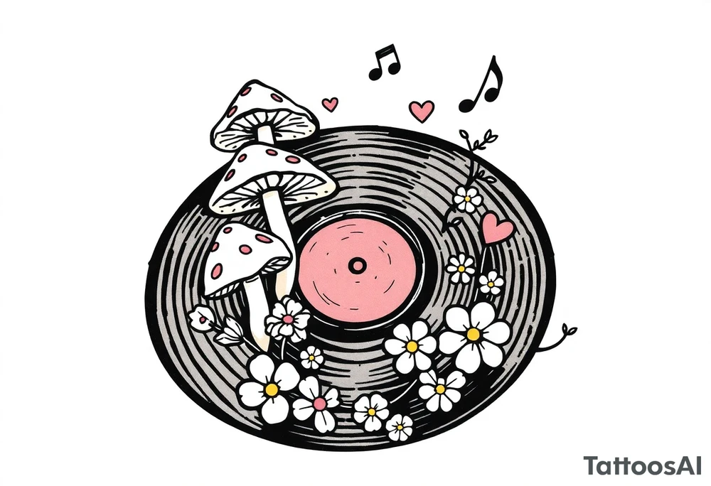 vinyl record with mushrooms, flowers, hearts, and music notes tattoo idea