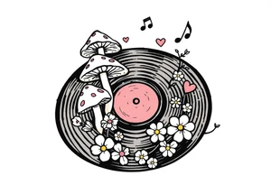 vinyl record with mushrooms, flowers, hearts, and music notes tattoo idea
