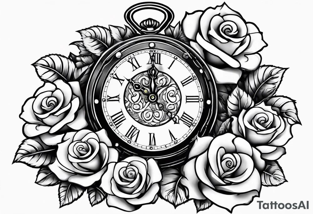 Pocket clock with chain and roses tattoo idea