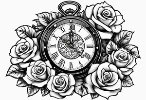 Pocket clock with chain and roses tattoo idea