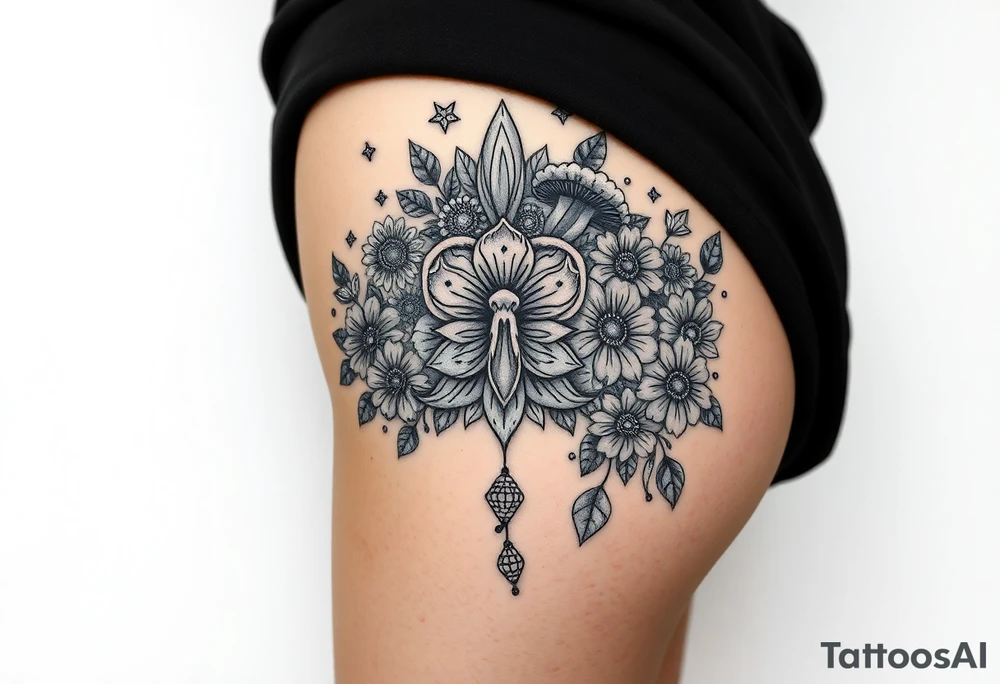 Could you possible make me a nature tattoo with mushrooms crystals  flowers mandala boho but vibrant colorful and psychedelic colorful too that would wrap from front of hip around side to mid back to cover an existing one tattoo idea